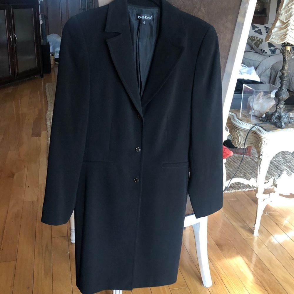 BEBE 3/4 length black coat. 3 snap front EUC 4